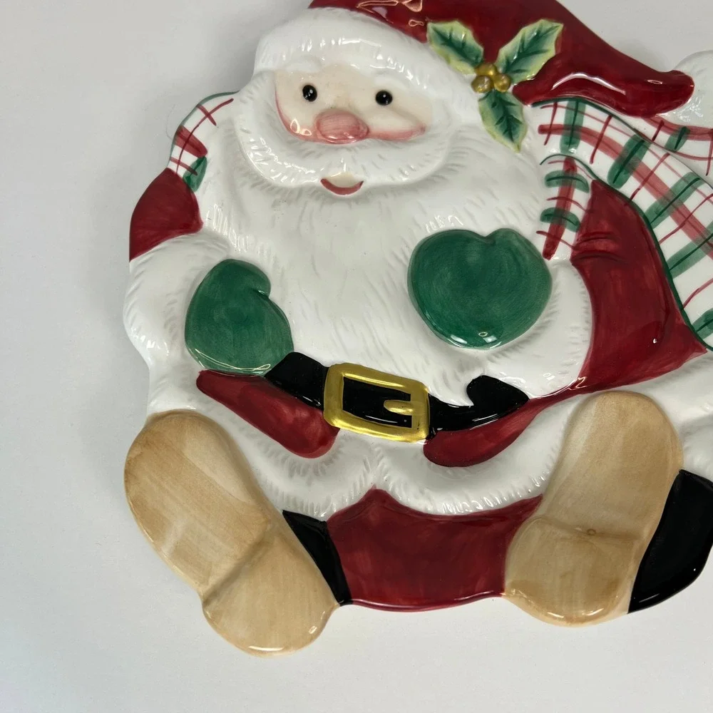 Fritz and Floyd Santa Plate‎ Christmas Holiday Decor Plaid Scarf Ceramic Dish